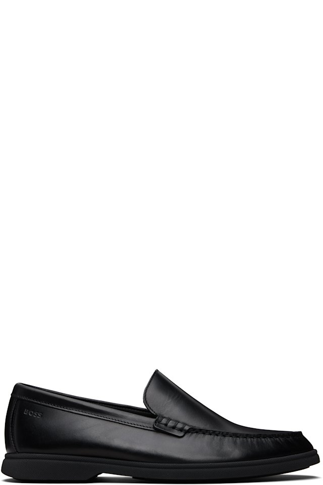 BOSS — Black Embossed-Logo Leather Loafers