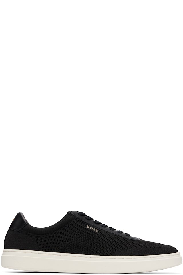 BOSS — Black Lace-Up Leather Trim Knitted Sneakers