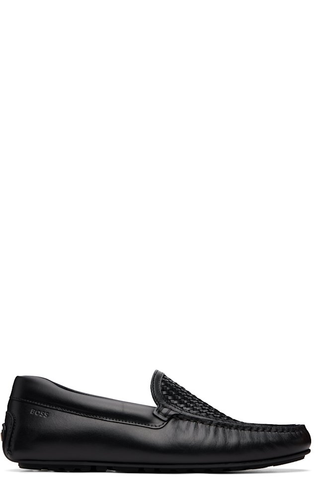 BOSS — Black Woven Vamp Leather Loafers
