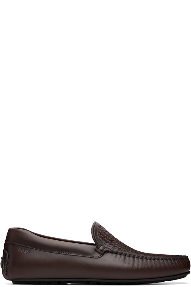 BOSS — Brown Woven Vamp Leather Loafers