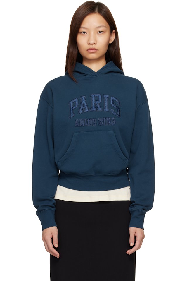 ANINE BING — Navy Debbie Shrunken 'Paris' Hoodie