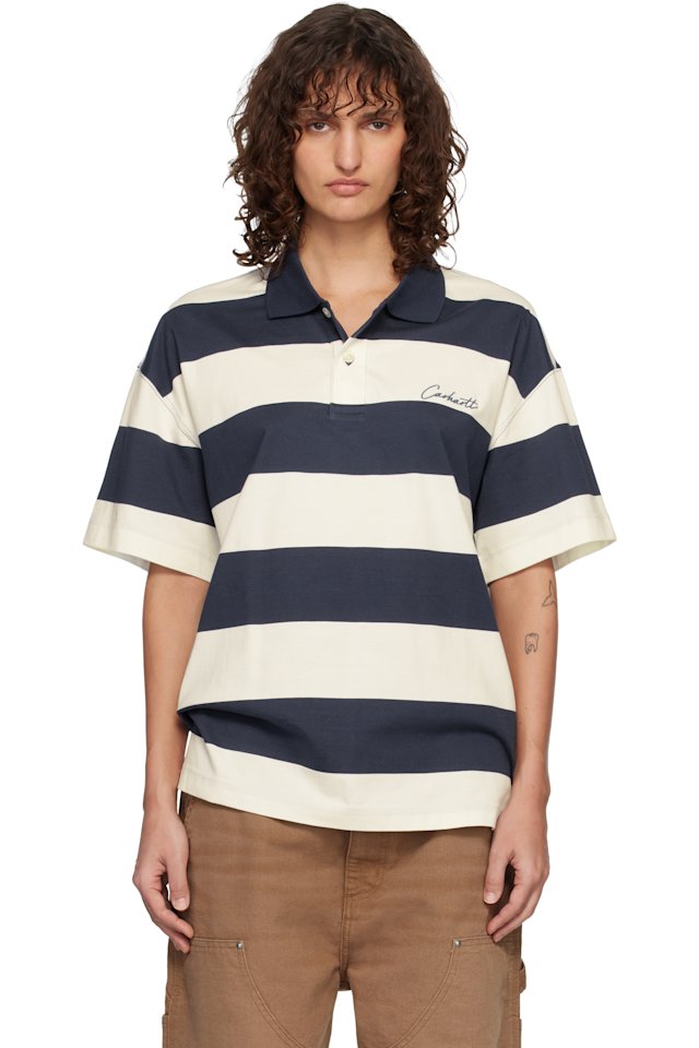 Carhartt Work In Progress — White & Blue Short Sleeve Delray Stripe Polo