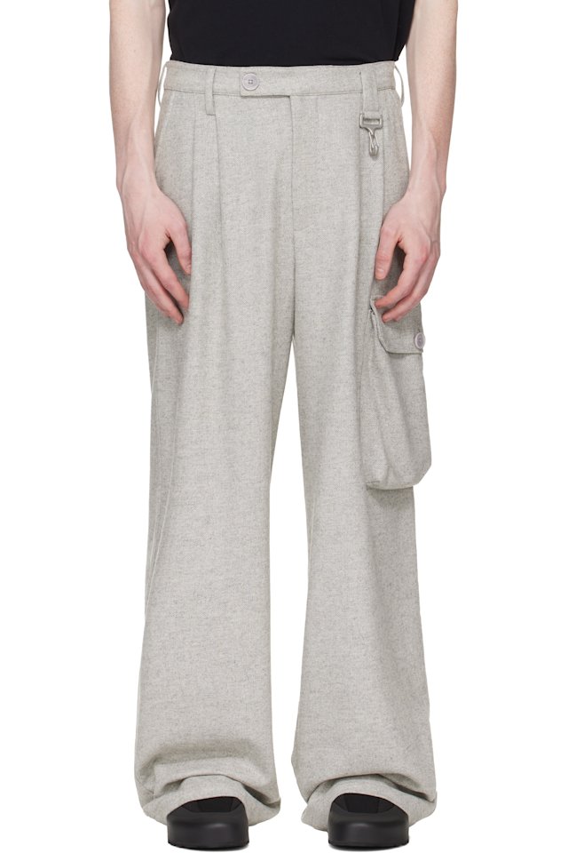 Reese Cooper — Gray Wool Herringbone Pleated Cargo Pants