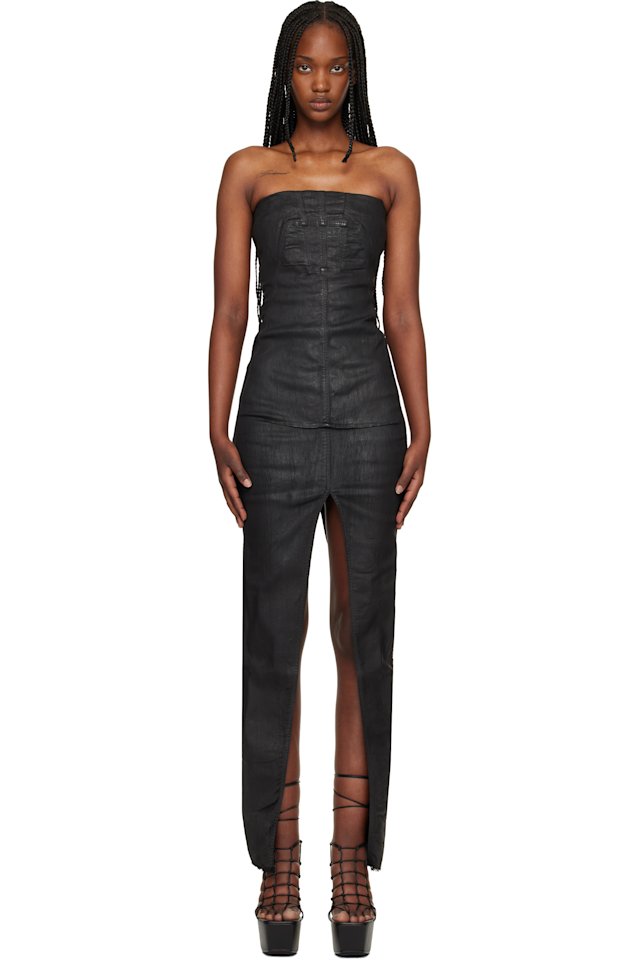 Rick Owens DRKSHDW — Black Temple Sliced Bustier Denim Maxi Dress