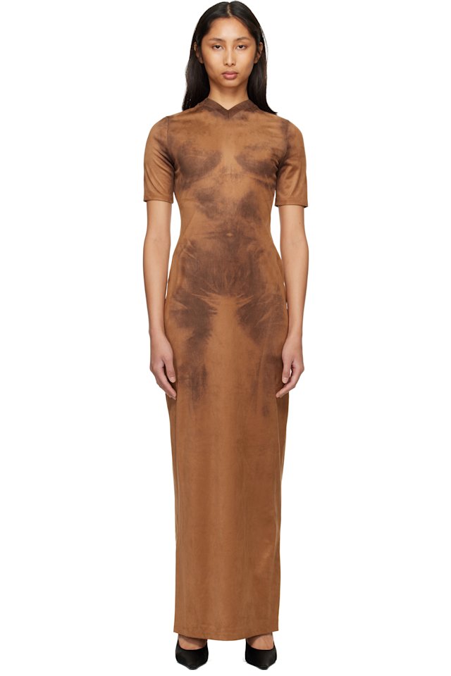 Acne Studios — Brown Trompe L’Oeil Faux-Suede Maxi Dress