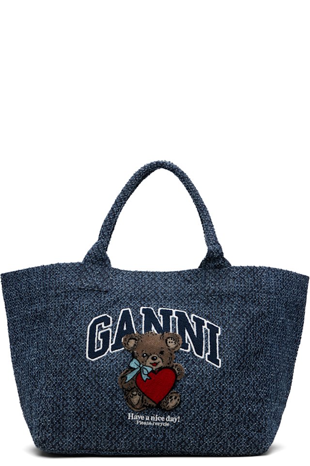 GANNI — Navy Medium Trapeze Bear Denim Shopper Tote