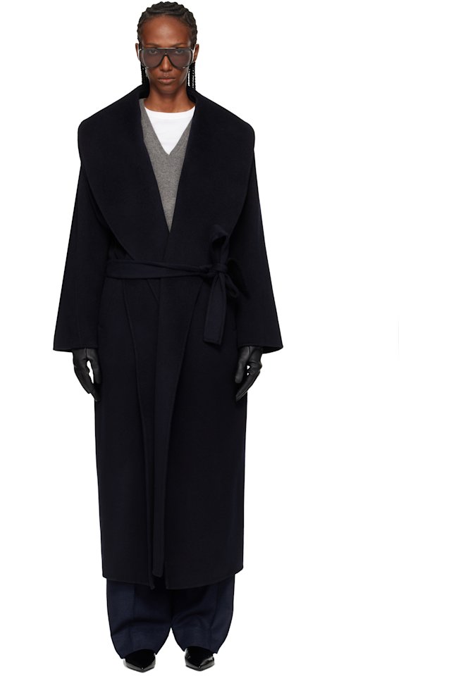 Róhe — Navy Signature Double-Faced Scarf Coat