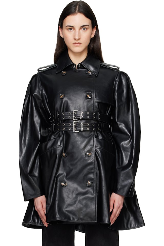 GANNI — Black Peplum Recycled Leather Trench Coat