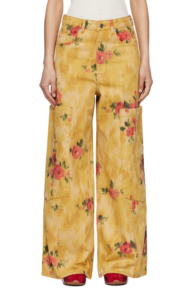 GANNI — Yellow Printed Baggy Cargo Jeans