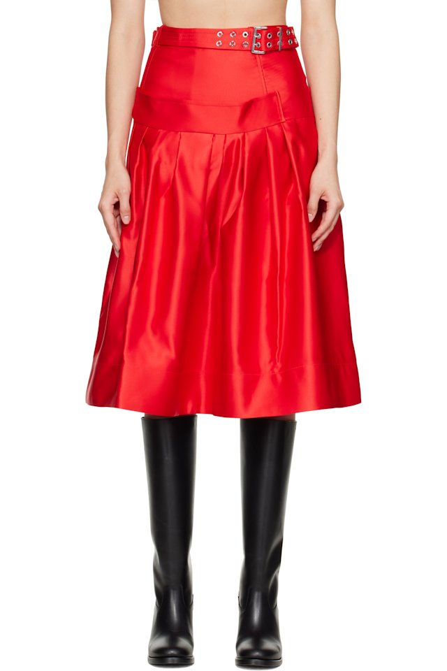 GANNI — Red Duchesse Satin Midi Skirt