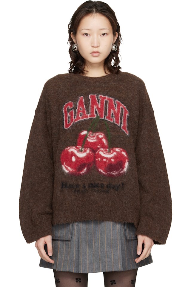 GANNI — Brown Brushed Alpaca Graphic Oversized Sweater