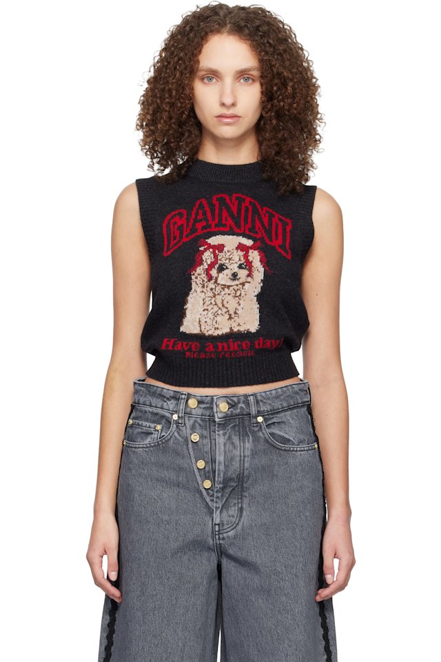GANNI — Black Graphic Wool Vest