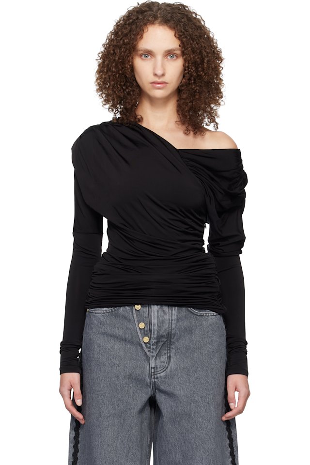 GANNI — Black Shiny Jersey Ruched Top