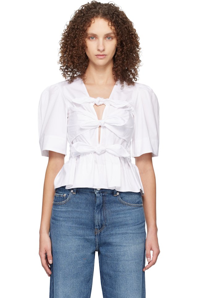 GANNI — White Washed Stretch Cotton Tie Strap Blouse