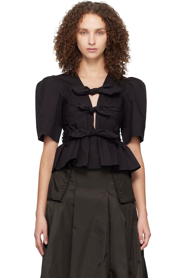 GANNI — Black Washed Stretch Cotton Tie Strap Blouse