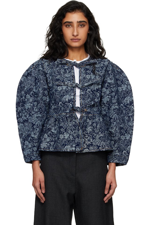GANNI — Blue Tapestry Peplum Denim Blouse