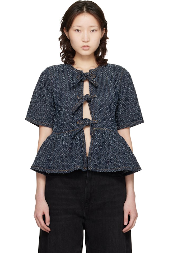 GANNI — Blue Tweed Denim Peplum Blouse