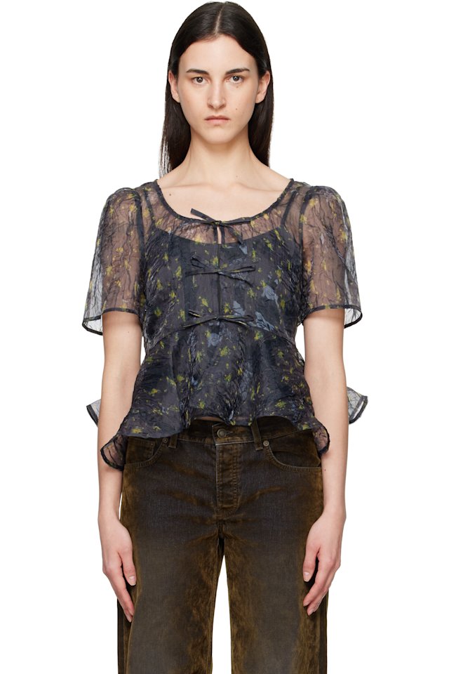 GANNI — Gray Shibori Organza Peplum Blouse