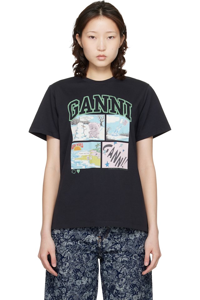 GANNI — Black Basic Cotton Jersey Bear Comic Teddy T-shirt