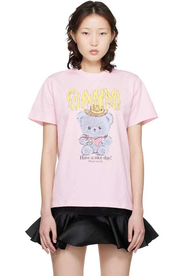 GANNI — Pink Basic Cotton Jersey Cowboy Bear Print T-shirt