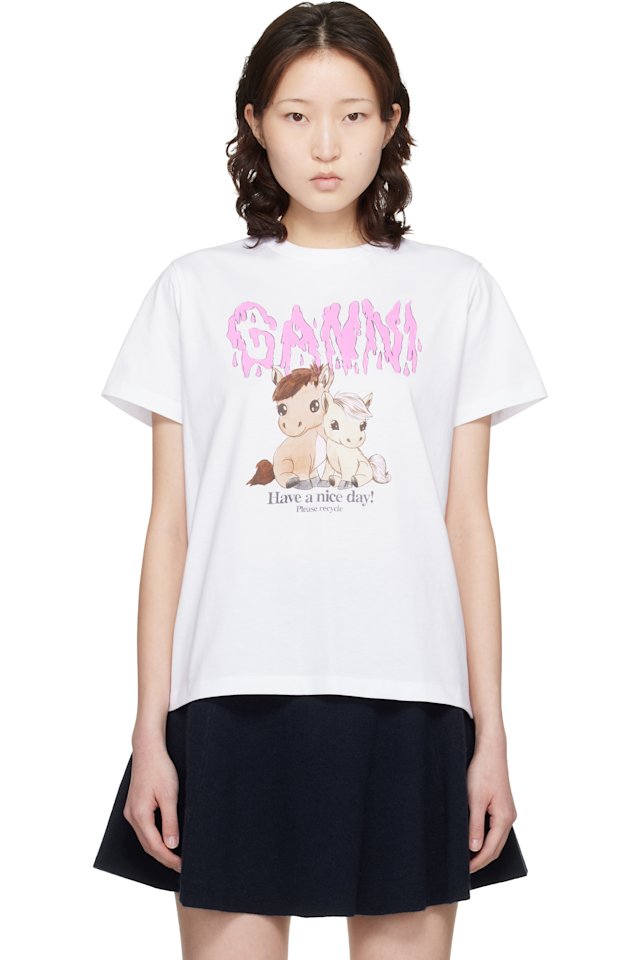 GANNI — White Graphic Cotton T-shirt