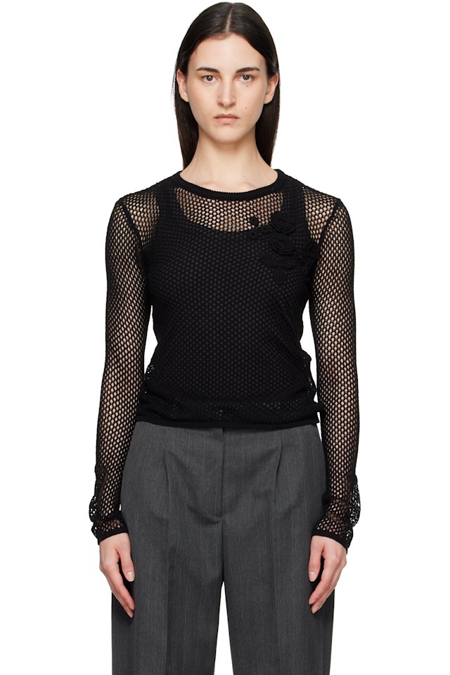 GANNI — Black Mercerized Cotton Mesh Pointelle Longsleeve T-shirt
