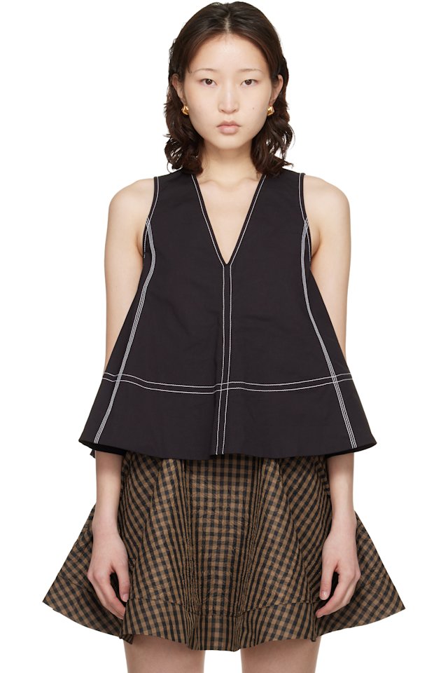 GANNI — Black Cotton A-line Top