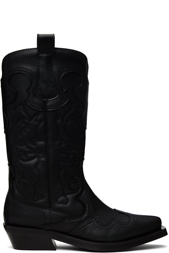 GANNI — Black Mid Shaft Embroidered Western Boots