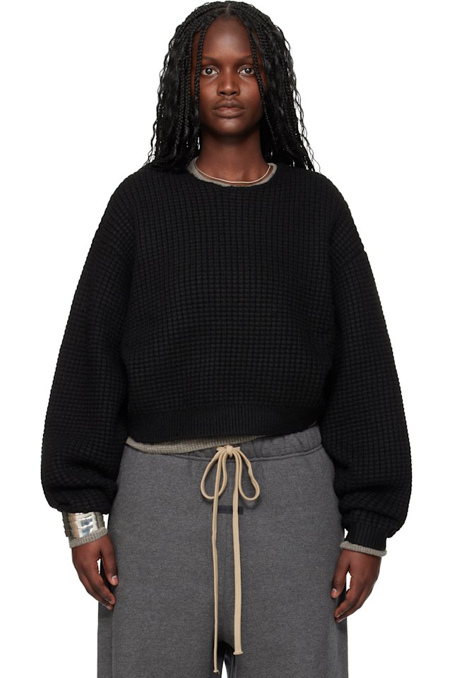 Fear of God ESSENTIALS — Black Holiday Heavy Waffle 90s Crewneck Sweater