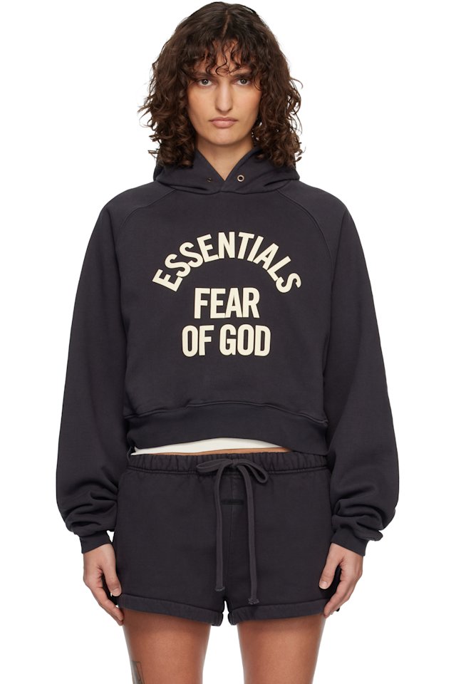 Fear of God ESSENTIALS — Black Campus 90's Cropped Raglan Hoodie