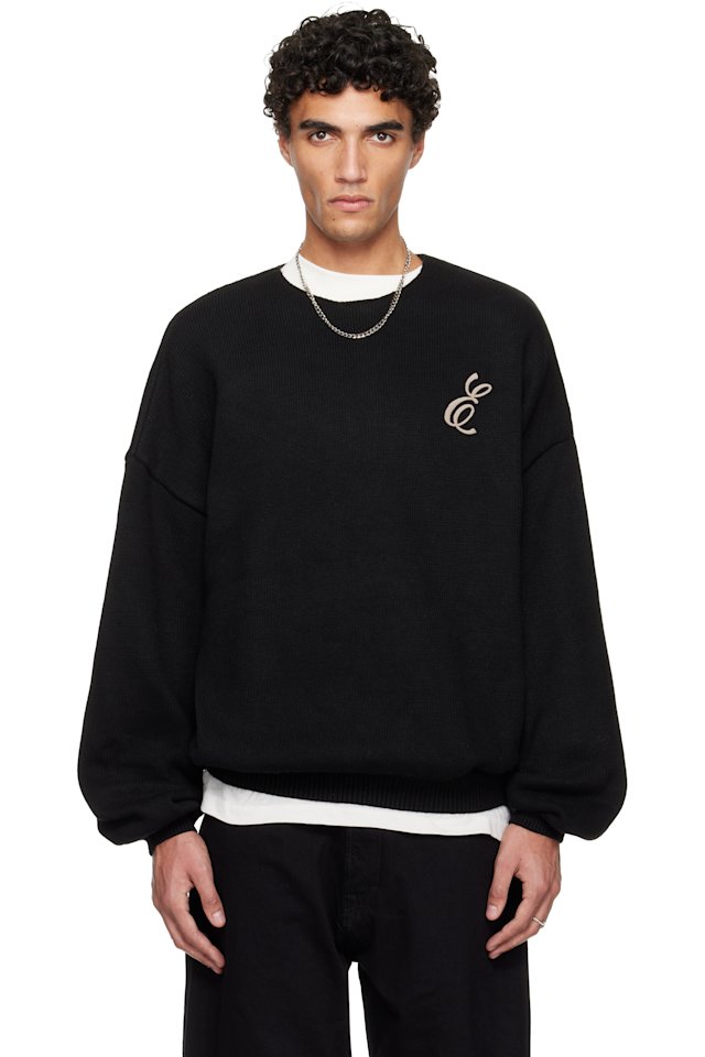 Fear of God ESSENTIALS — Black Holiday Embroidered Merino Crewneck Sweater