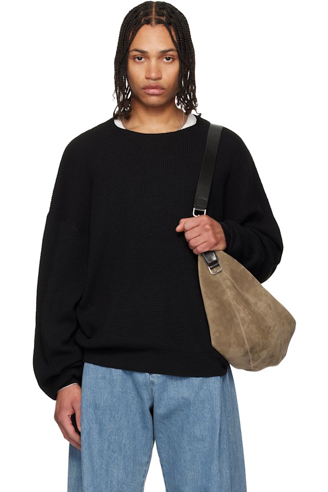 Fear of God ESSENTIALS — Black Signature Waffle 90s Crewneck Sweater