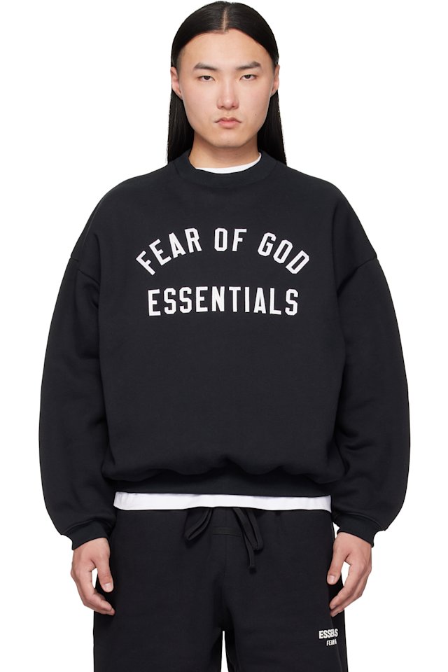 Fear of God ESSENTIALS — Black Varsity 90s Crewneck Sweatshirt