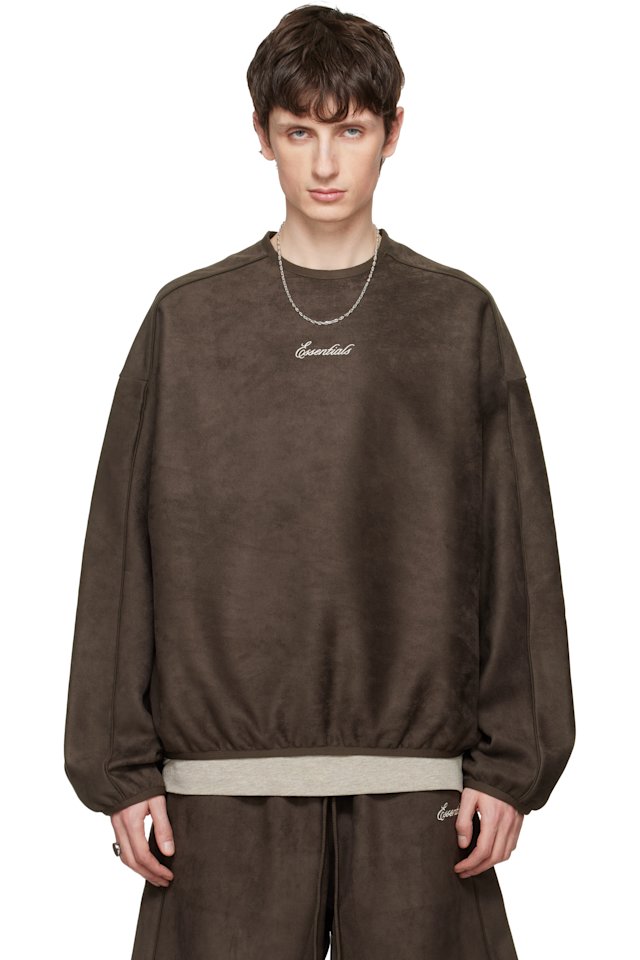 Fear of God ESSENTIALS — Brown Signature Modern Crewneck Faux-Suede Sweatshirt