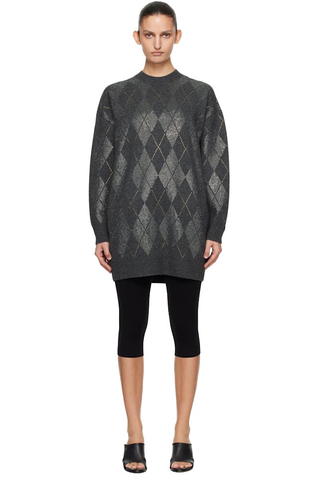 Alexander Wang — Gray Long Sleeve Crewneck Crystal Argyle Hotfix Minidress
