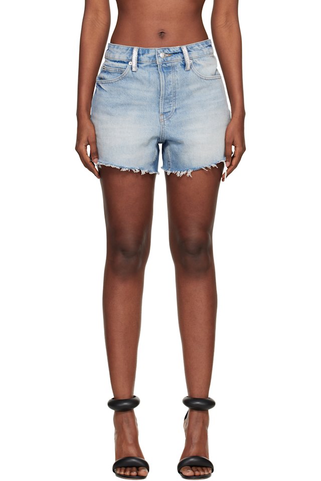 Alexander Wang — Blue Denim Relaxed-Fit Crystal Hotfix Shorts