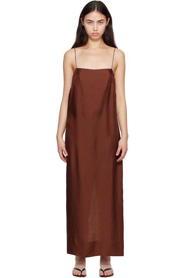 St. Agni — Brown 90s Silk Twill Slip Midi Dress