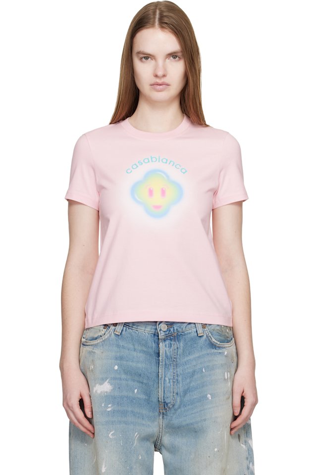 Casablanca — Pink Airbrush Smiley Fitted Short Sleeve T‑shirt