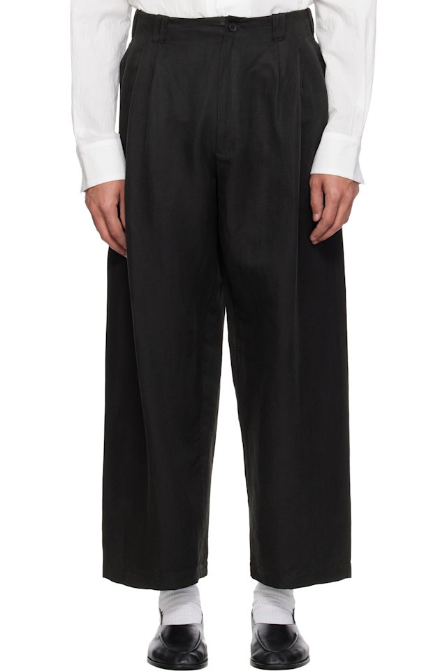 YOKE — Black Linen Silk Kersey 3pleated Tapered Trousers