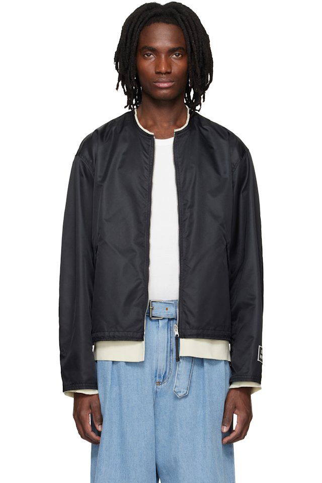 Solid Homme — Black Layered Collarless Reversible Bomber Jacket