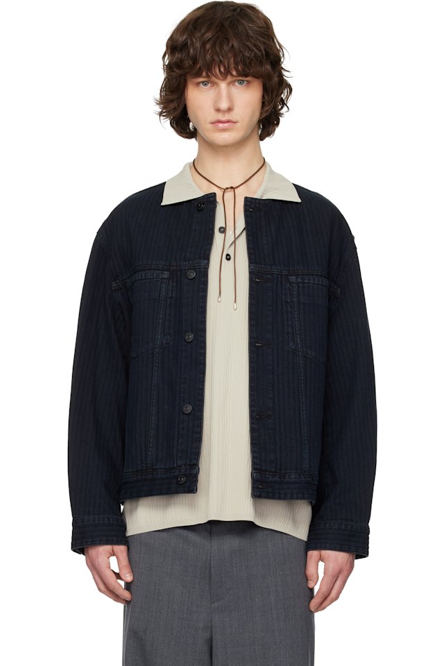 Solid Homme — Black Collarless Denim Trucker Jacket