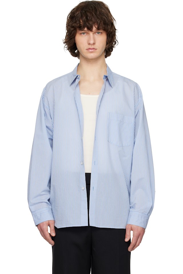 Solid Homme — Blue Cotton Nylon Stripe Shirt