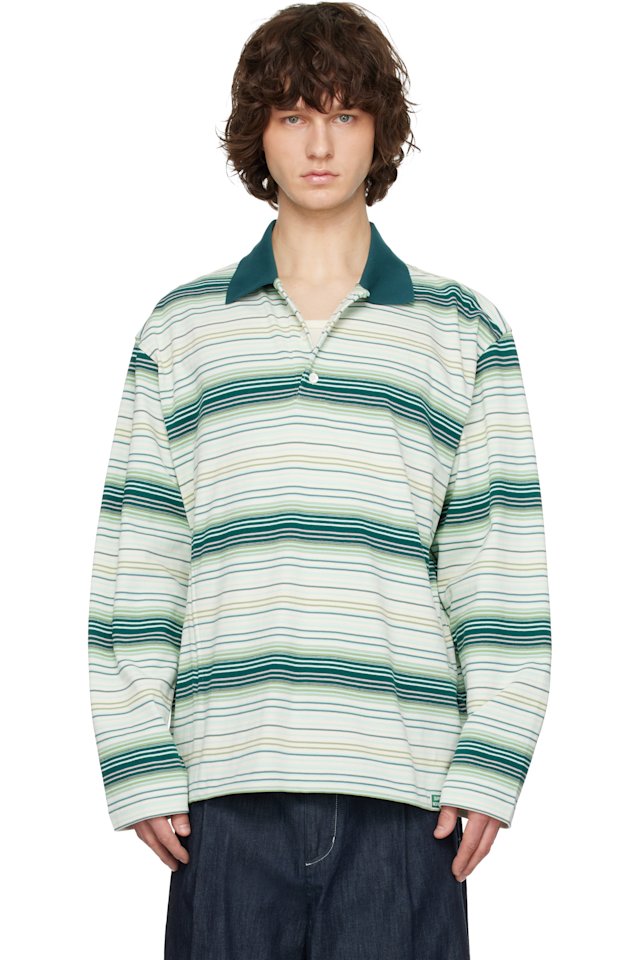 Solid Homme — Green Striped Drawstring Collar Neck Long Sleeve Polo