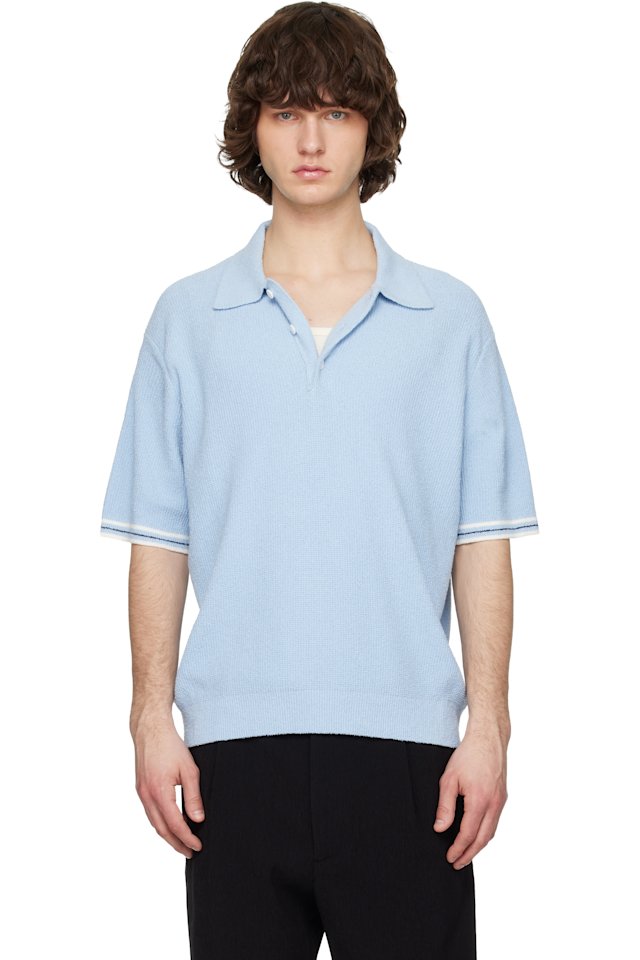 Solid Homme — Blue Collared Short-Sleeve Terry Knit Polo