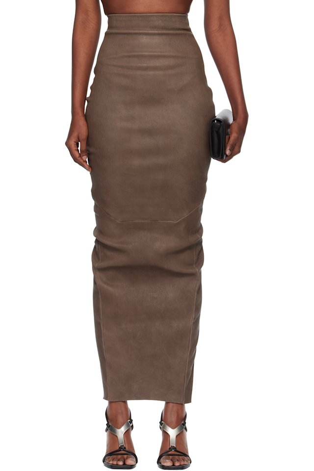Rick Owens — Gray Temple Dirt Pillar Leather Midi Skirt