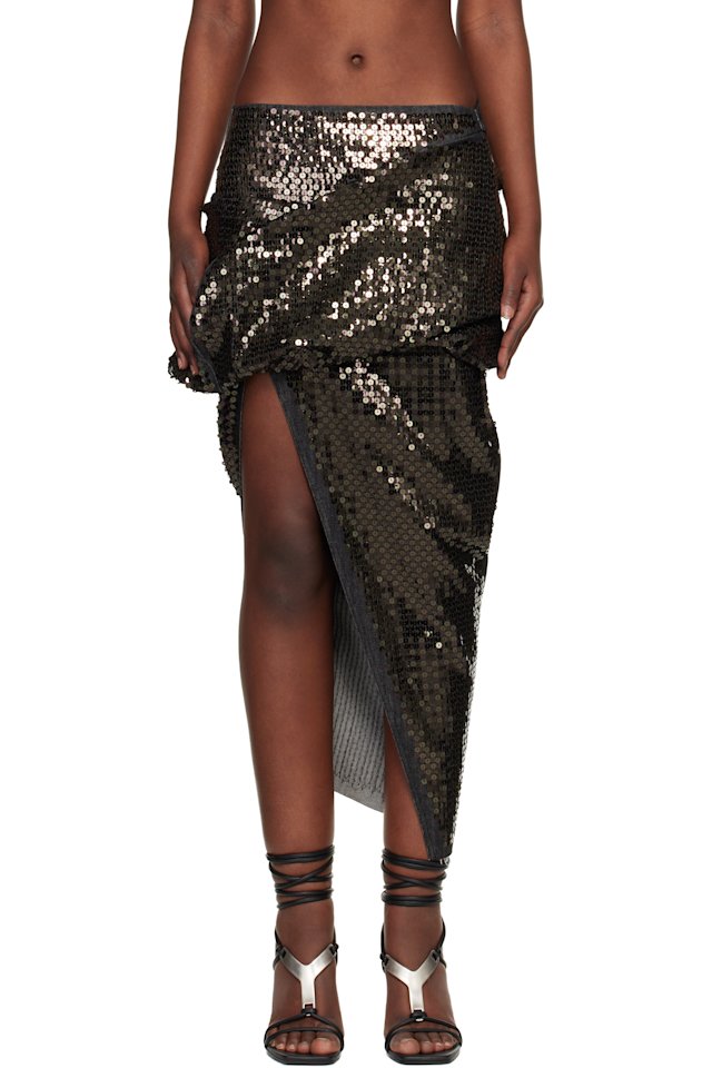 Rick Owens — Black Draped Calf Denim Midi Skirt