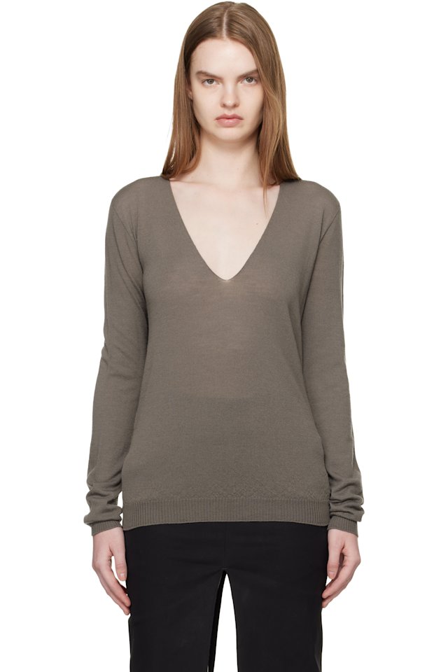 Rick Owens — Gray Temple V Neck Pull Sweater
