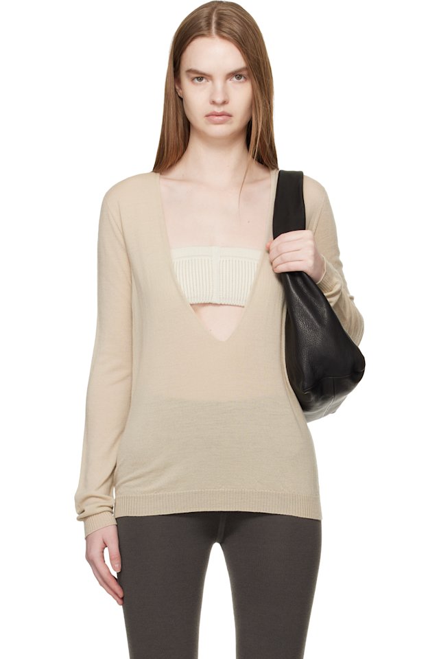 Rick Owens — Beige Temple Extreme V Neck Pull Sweater