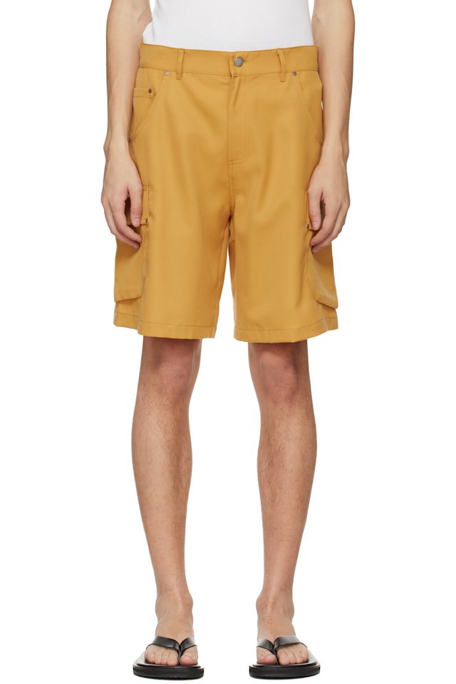 Serapis — Yellow Riveted Linen Cargo Shorts