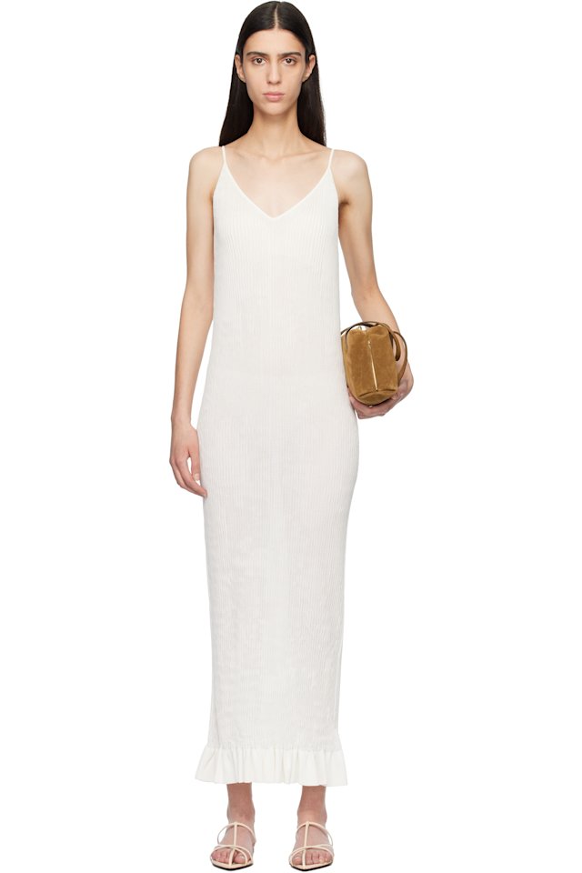 Jil Sander — Off-White Smocked Fine Rib Frill Detail Maxi Dress